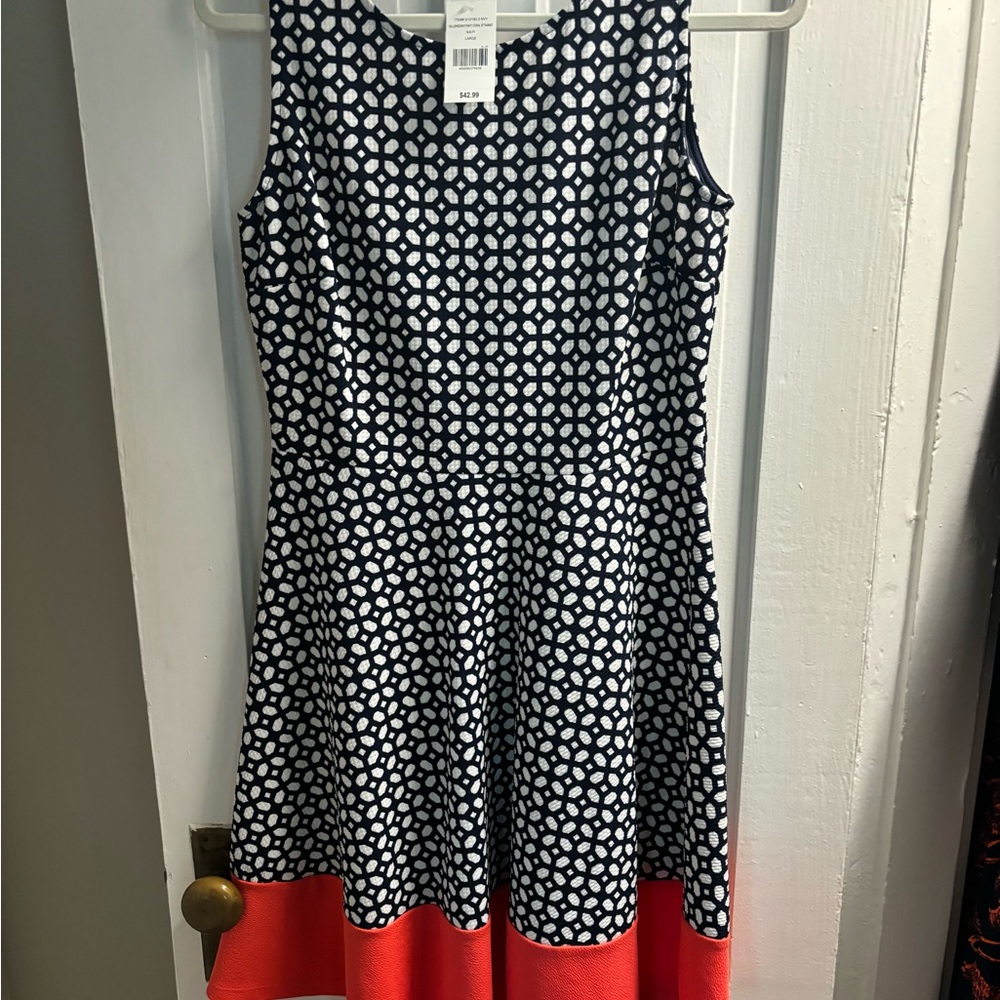 Dress Navy dots with coral size L $42 never worn